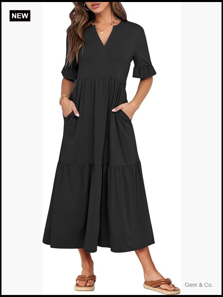 Loose V-Neck Ruffle Maxi Dress With Pockets